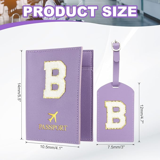 PATIKIL Passport Holder for Travel, Initial Passport Cover and Luggage Tag Set with Alphabet Chenille Letter Patch Travel Wallet Bag Suitcase Identifier for Women Family Travel Purple B