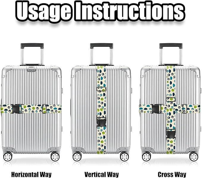 Nuxovilar Luggage Straps of 2 Set Pet Paws Bowls Tennis Balls Pattern, 1.96x90.5 inches - Luggage Straps for Suitcases, Ideal for Pet Owners, Travel, Outdoor Trips