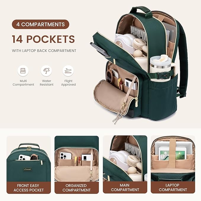 LOVEVOOK Laptop Backpack for Women with Pouch Pocket for Large Capacity Cup,17 Inch Laptop Computer Bag Travel Backpack Purse,Waterproof Work Business Backpack College Teacher Bags,Dark Green