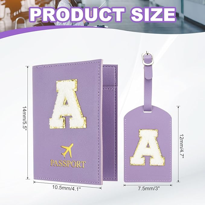 PATIKIL Passport Holder for Travel, Initial Passport Cover and Luggage Tag Set with Alphabet Chenille Letter Patch Travel Wallet Bag Suitcase Identifier for Women Family Travel Purple A