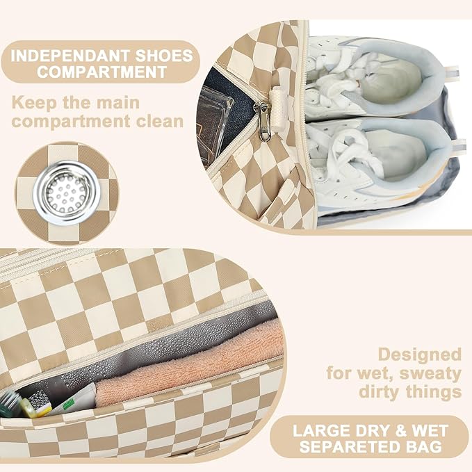 LEDAOU Duffle Bag Girls Kids Cute Dance Bag with Shoe Compartment Gym Bag with Wet Pocket Sports Overnight Travel Workout Bag (Checkered Brown-White)