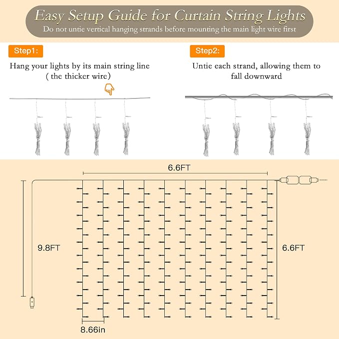 Curtain String Lights Indoor, 200LED 6.6 * 6.6FT USB Plug-in Window Curtain Lights with Timer and 8 Modes, Waterproof Cool White Curtain Fairy Lights for Bedroom Room Wedding Outdoor Decor