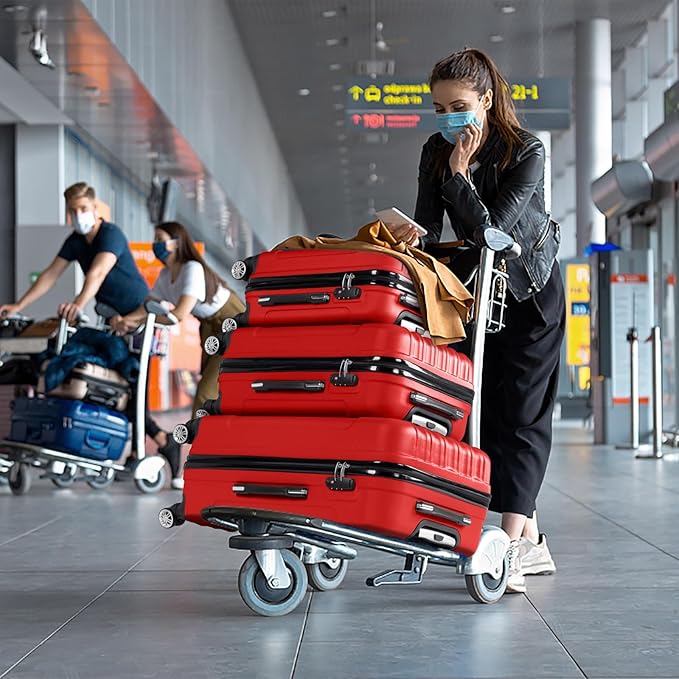 Karl home Luggage Set of 3 Hardside Carry on Suitcase Sets with Spinner Wheels & TSA lock, Portable Lightweight ABS Luggages for Travel, Business - Red (20/24/28)
