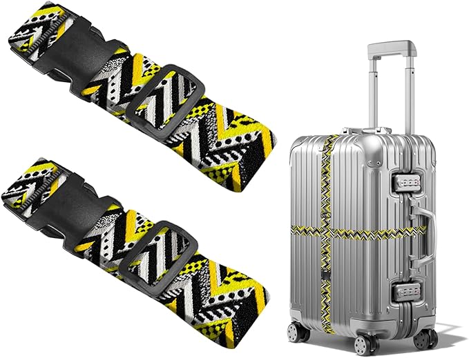 Nuxovilar Luggage Straps Yellow Black Chevron & Leopard Polyester 1.96x90.5inch 2 Set Suitcase Cargo Strap Travel Essential Business Trip Train Station Weekend Getaway