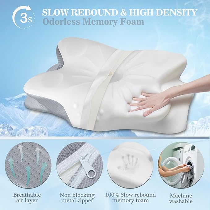 CCidea Cervical Neck Pillows for Sleeping & Pain Relief-Ergonomic Contour Memory Foam for Side/Back/Stomach Sleepers, 2 Heights with ICY Cooling Grey Silk Pillowcase - Gifts for Men & Women