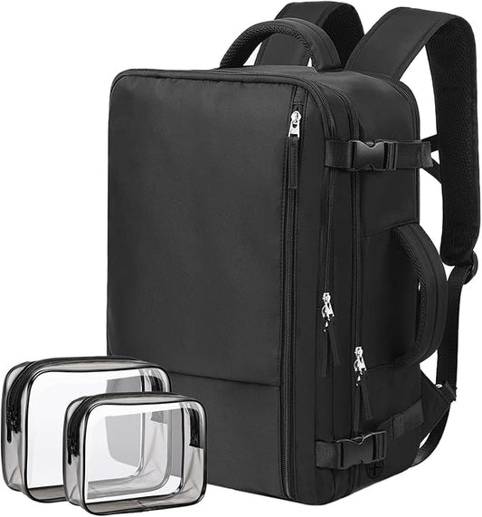 Hanples Travel Backpack for Women Men Large Carry On Person Item Flight Approved 17 In Laptop Backpack Waterproof anti theft Casual Luggage with 2 Toiletry Bag(Black)