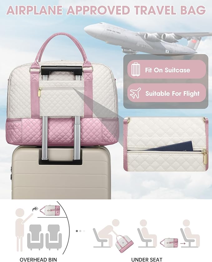 Travel Duffle Weekender Bags for Women: Carry On Bagswith Shoe Compartment Overnight Bag with Toiletry & Wet Pocket Large Tote Hospital for Women Labor Delivery Beige Pink