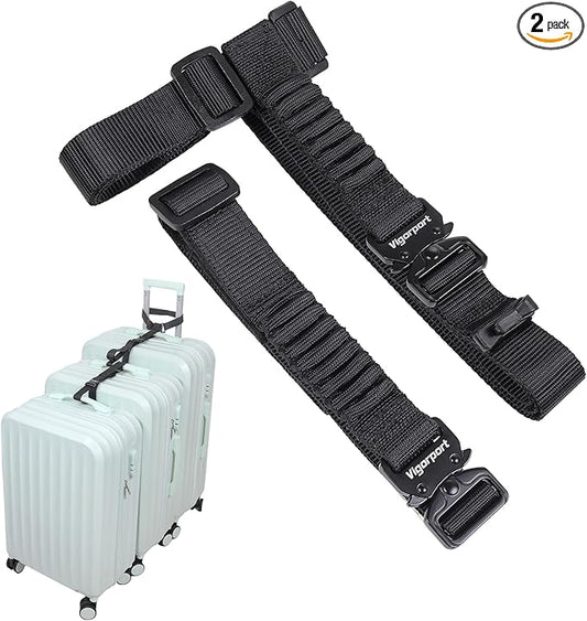 Vigorport Luggage Straps, Metal Luggage Connector Straps for Suitcases, Stretchable Add a Bag Adjustable Accessories Travel Belts (Black, Normal)