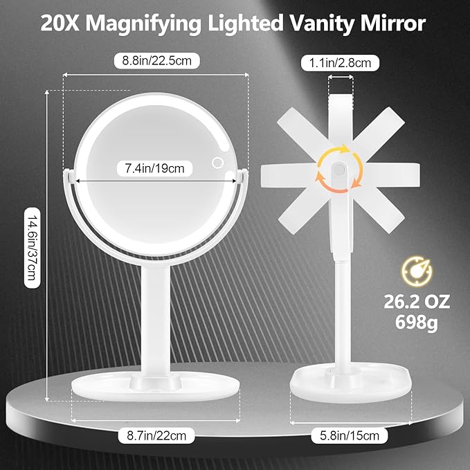 MIYADIVA Makeup Mirror with Lights,20X Magnifying Mirror with Light and Touch Switch,Vanity Mirror with 3 Color Light and 80 LEDs,2-Sided Lighted Magnified Mirror 8.8 Inches