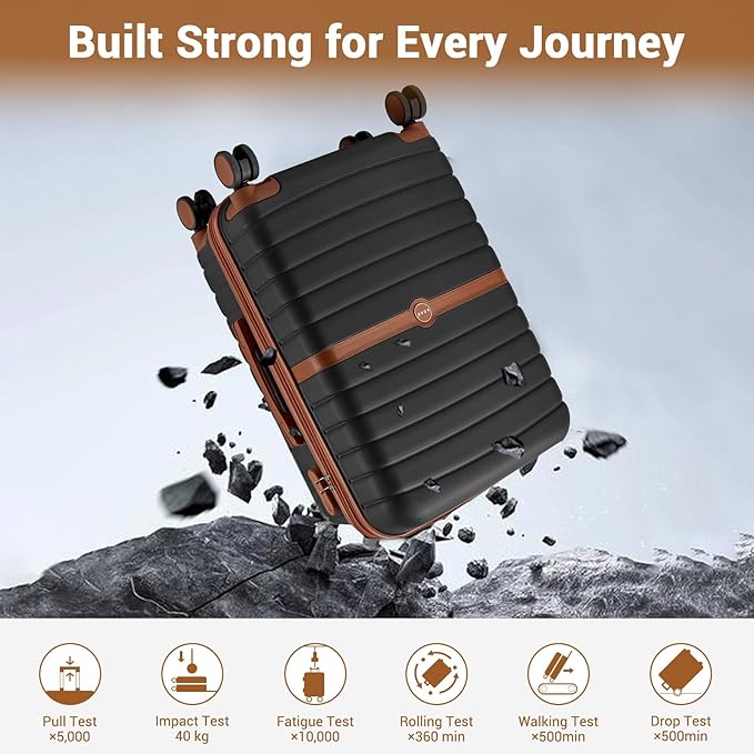 Kono Expandable 24 Inch Luggage with Spinner Wheels, Medium Checked Luggage with Lock, Lightweight & Anti-Scratch PC+ABS Hardshell Travel Suitcase, Black/Brown