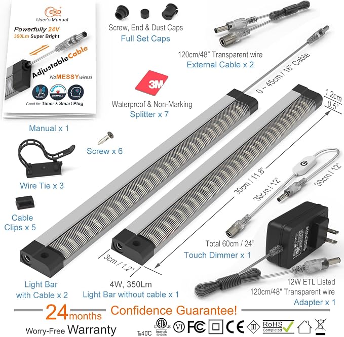 EBD Under Cabinet Lights Plug in 3 Pcs 12 Inch, Dimmable No Messy Wires Built-in Adjustable Cable Counter Lighting, 3000K 1350LM, 2 Pcs Extension Cables for Kitchen Home Office, Memory for Smart Plug.