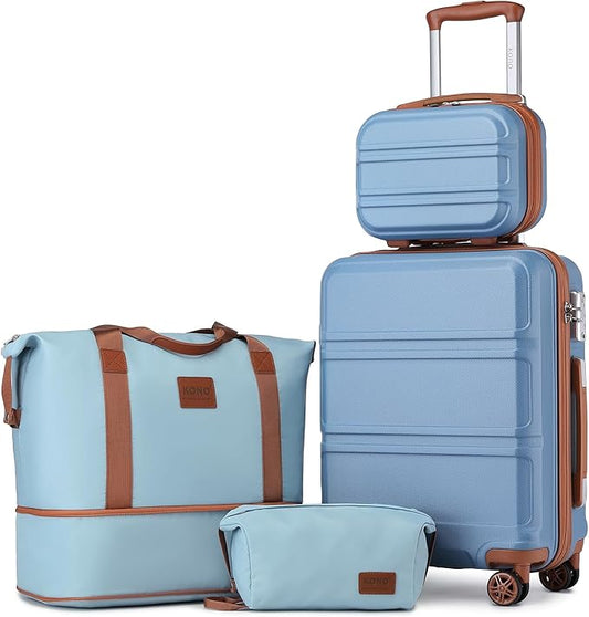 Kono Luggage Set 4 Piece Carry On Lightweight PC+ABS Hardside Luggage with TSA Lock Spinner Wheels Carry On Suitcase Apricot Blue