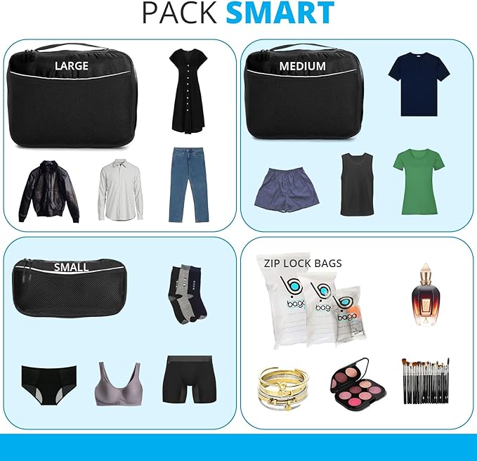 bago 8 Pcs Packing Cubes for Travel - 5 Travel Packing Cubes for Suitcases with 3 ZipLock Bags, Luggage Organizer Bags to Get Maximum Storage, Save Time & Effort to Pack (Black)