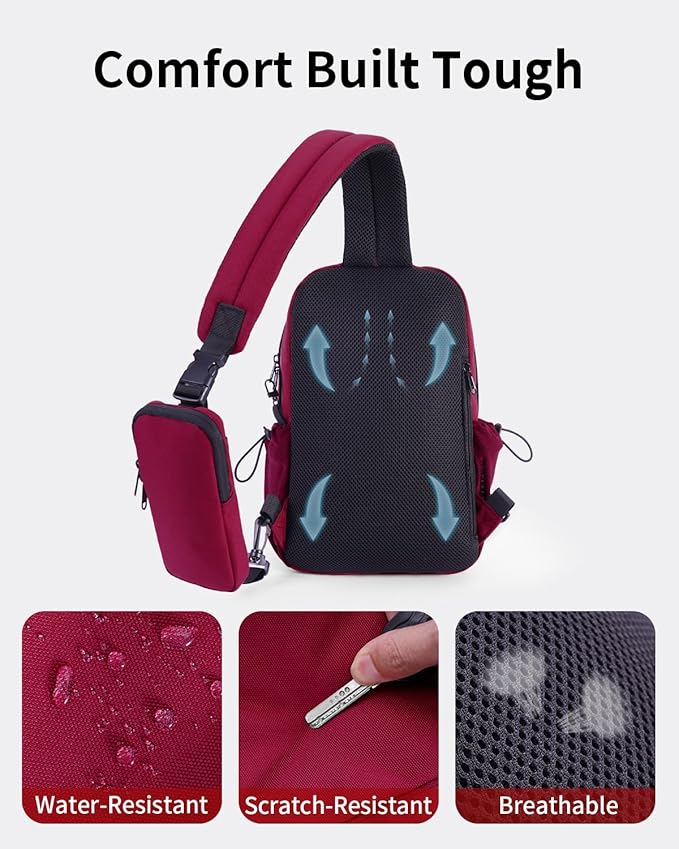 ECOHUB Anti-Theft Crossbody Bag Men Women, RFID Blocking Lightweight Sling Backpack Eco-Friendly with 9 Pockets Sturdy SBS Zippers Water Resistant for Travel Work Hiking Outdoor, Red