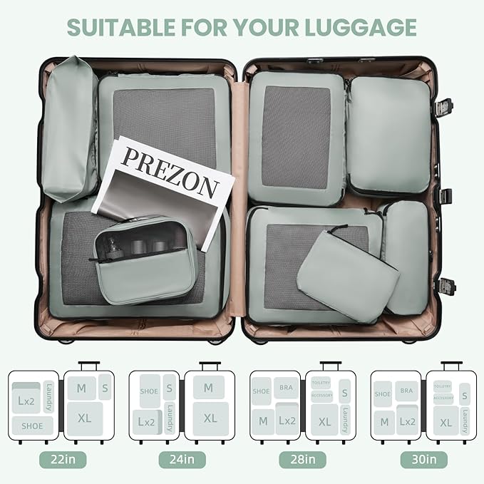 Mesh Packing Cubes for Travel, Durable Luggage Organizer with Sturdy Material and Double Zippers, Comprehensive Set for Travel Accessories Storage, 10 set, green