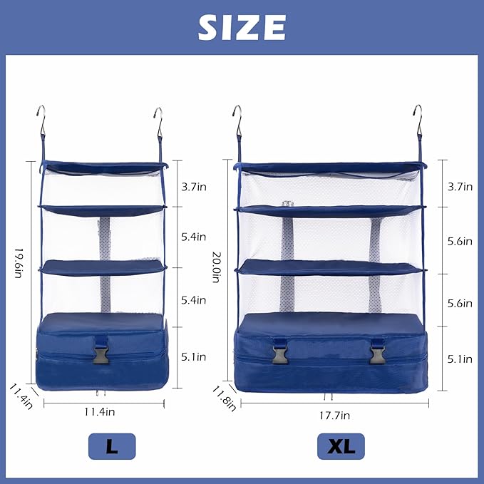 Surblue Hanging Closet Storage Bag Collapsible 3-Shelf Washable Oxford Fabric with 2 Hooks (XL 17.71 * 11.81 * 20in, Blue)