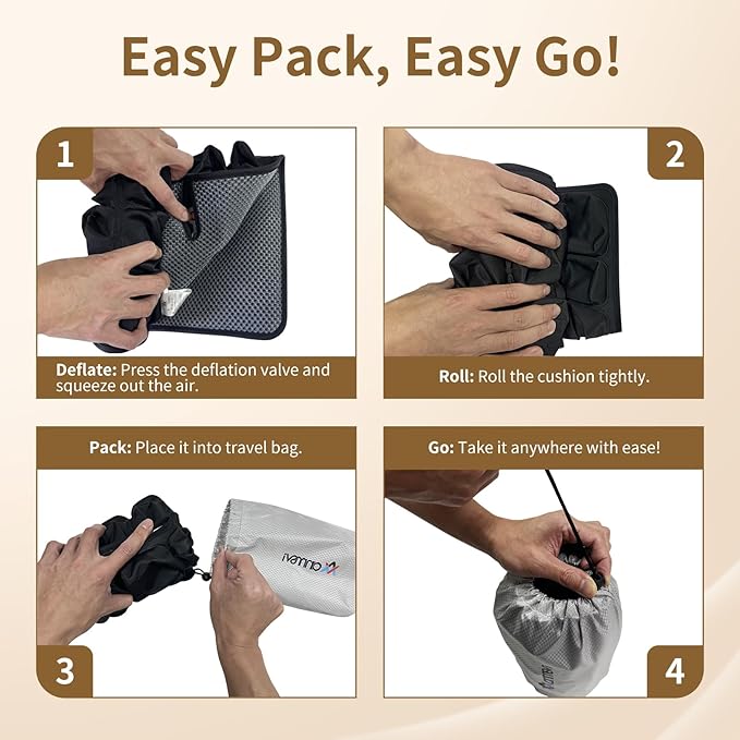 Air Inflatable Travel Seat Cushion with Built-in Pump & Carry Bag– Portable & Adjustable for Airplane, Car, Office – Coccyx, Sciatica & Tailbone Pain Relief (Black)