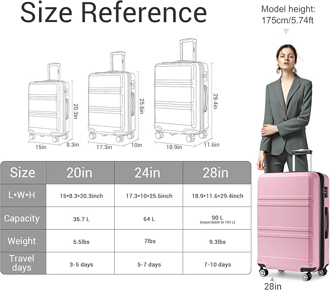 Kono 3 Piece Luggage Sets Expandable(only 28") with Spinner Wheels TSA Lock Lightweight PC+ABS Hardside Travel Rolling Suitcases 20in 24in 28in Carry on Pink