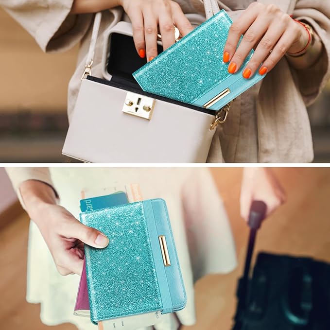 Passport Holder Cover, RFID Travel Wallet Credit Card Holder Blue Green Cute Sparkly Passport Book Holders for Women with Elastic Band and Golden Metal Decoration, Blue Green Glitter