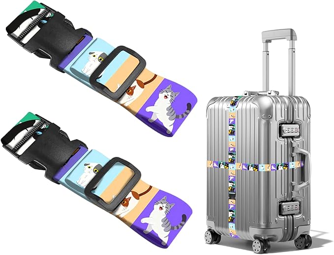 Nuxovilar Luggage Straps of 2 Set Cartoon Cats Pattern, 1.96x90.5 inches - Luggage Straps for Suitcases, Perfect for Pet Lovers, Family Trips, Casual Travel