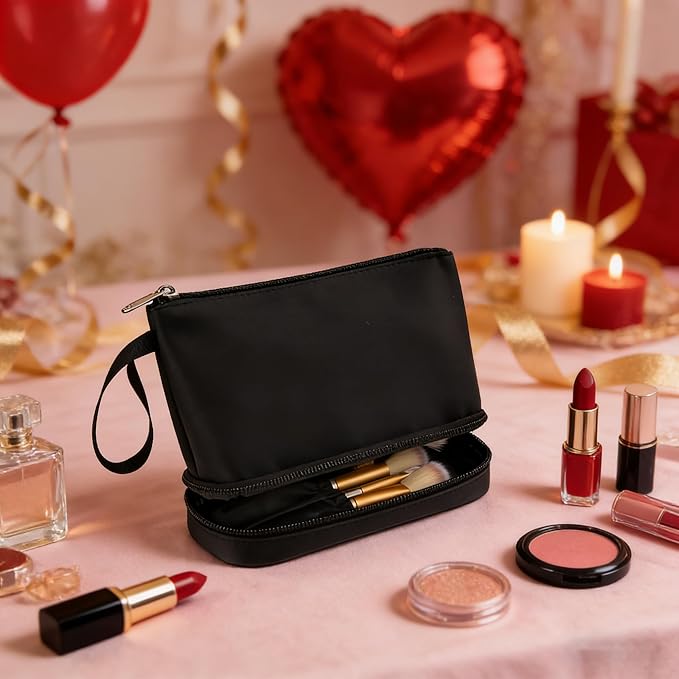 Ethereal Small Makeup Bag, 2 Layers Travel Makeup Bag with Makeup Brush Holder, Cosmetic Bag Black Make up Pouch for Women/Girls