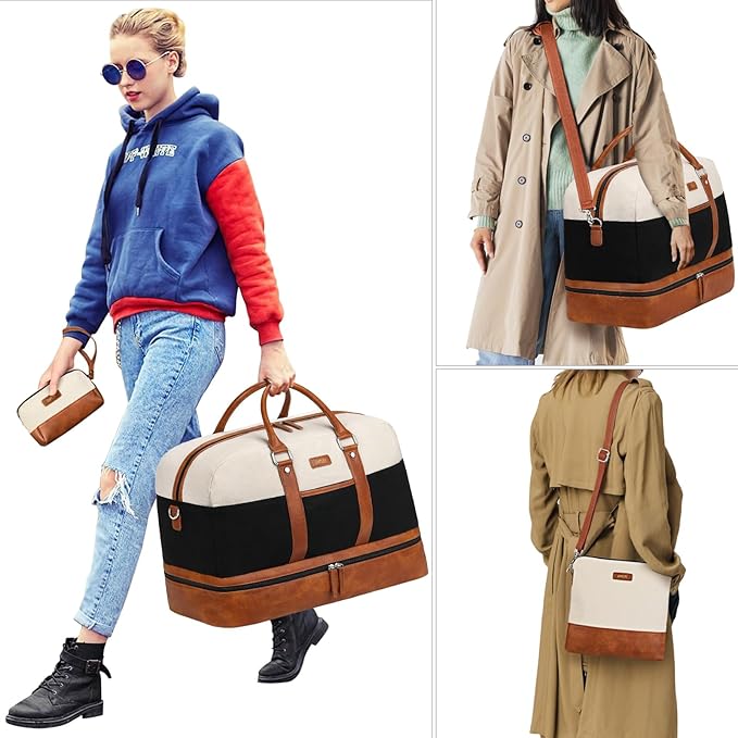 Weekender Bag for Women, Large Overnight Bag Canvas Travel Duffel Bag Carry On Tote with Shoe Compartment 21" 3Pcs Set