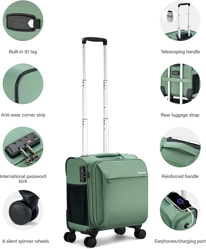 Hanke 16 Inch Underseat Carry On Luggage with Wheels Small Suitcase Softside Luggage Bags for Travel Lightweight Suitcases with Wheels Travel Luggage Personal Item for Men and Women(Forest Green)