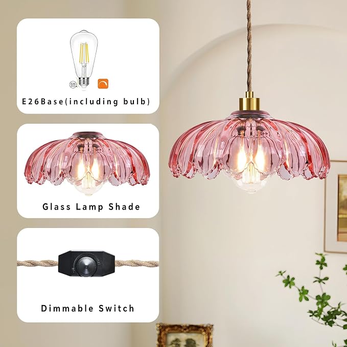 QIYIZM Pink Plug in Pendant Light Glass Hanging Lights with Plug in Cord Boho Hanging Lamp Gold Mid Century Modern Vintage Dimmable Flower Plug in Chandelier Ceiling Fixture for Living Room,Bedroom