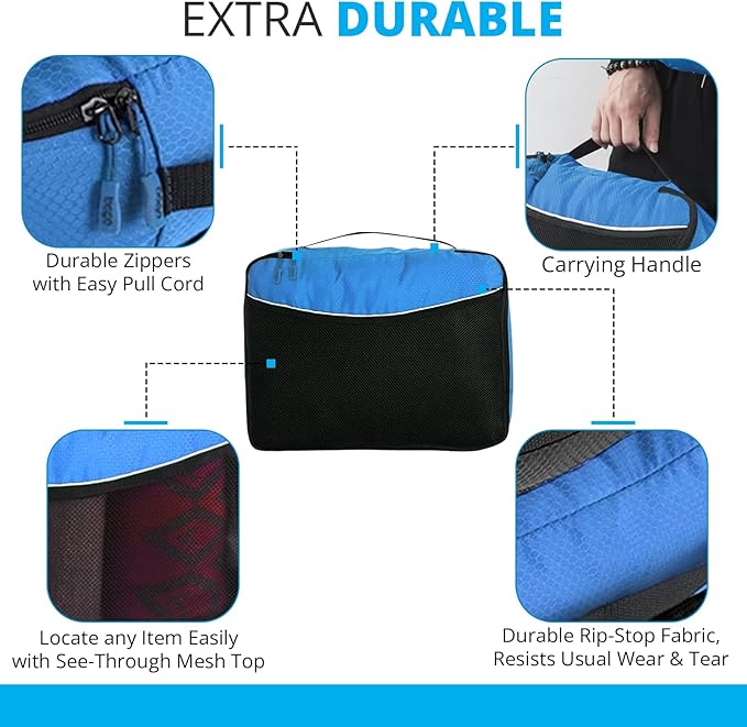 Bago Packing Cubes for Suitcases - 7Pcs Luggage & Suitcase Organiser Bags Set - Compression Packing Cubes for Travel Accessories Essentials - 4 Cubes plus 3 Sealed ZipBags (Blue), Blue, 4pcs Set,