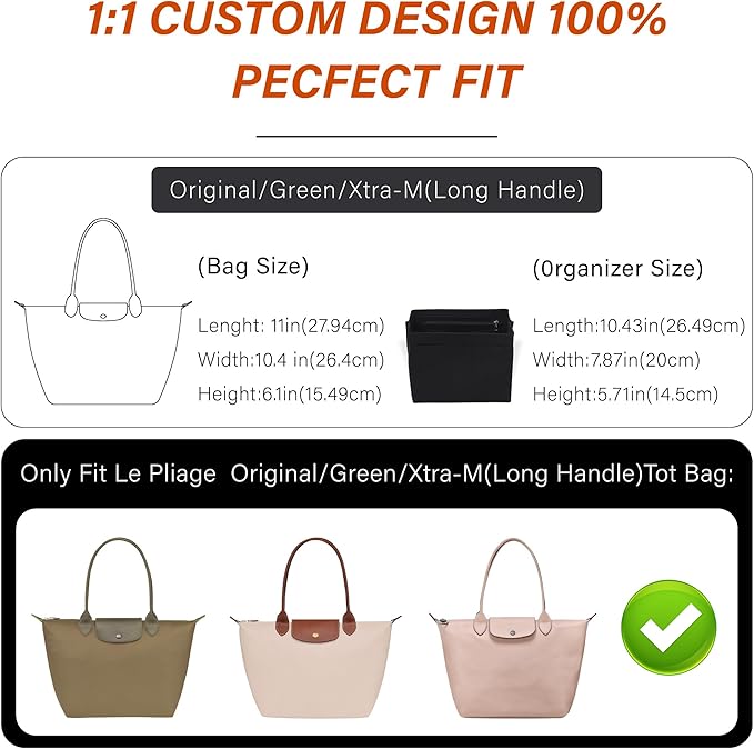 Premium Felt Purse Organizer Insert for Longchamp Le Pliage, Zipper Long Champ Bag Organizer Insert with Cup Holder, 9 Compartments