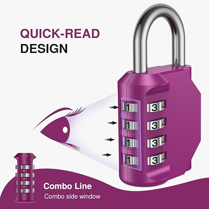 Puroma 1 Pack Combination Lock for Locker 4 Digit Outdoor Waterproof Padlock for School, Gym, Sports, Fence, Toolbox, Gate, Case, Outdoor, Hasp Storage, Cabinets (Red-Violet)