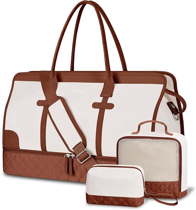ETRONIK Weekender Overnight Bag for Women, Large Travel Duffle Bag with Shoe Compartment & Wet Pocket, Carry On Tote Bag Gym Duffel Bag with Toiletry Bag for Hospital 4 Pcs Set, XL Size, Beige-Brown