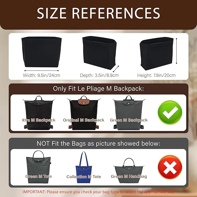 Premium Felt Purse Organizer Insert for Longchamp Le Pliage, Zipper Long Champ Bag Organizer Insert with Cup Holder, 8 Compartments