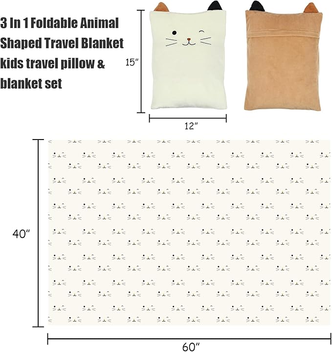 3-in-1 Cat Travel Blanket and Pillow Set for Kids, Soft Snuggle Pillow with Hand Warmer, 40x60 Inch Cute Cat Blanket, Compact for Travel, Camping, Home and Office