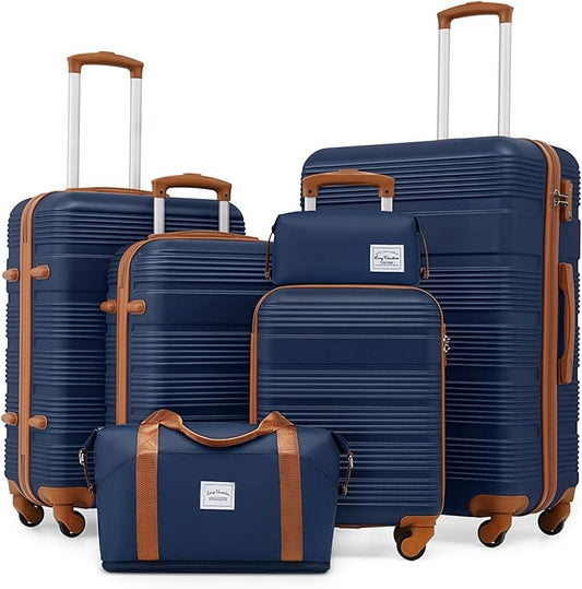 LONG VACATION 6 Piece ABS+PC Hardshell Luggage Set with Spinner Wheels, Lightweight suitcase set with TSA Lock & YKK Zipper