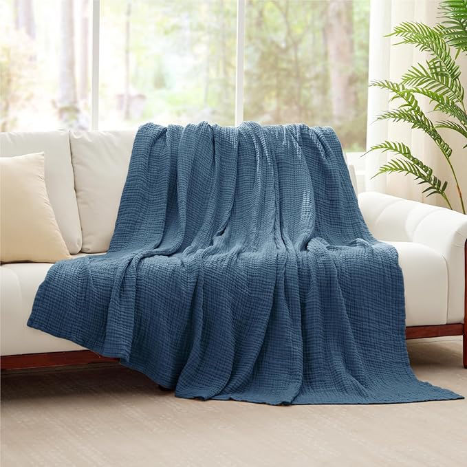 100% Cotton Muslin Blanket Queen 90" x 90", 6 Layers Breathable and Lightweight Cotton Throw Blanket for Bed, Soft Quilt Bedspread Coverlet, Gauze Blanket for Adults All Season, Blue