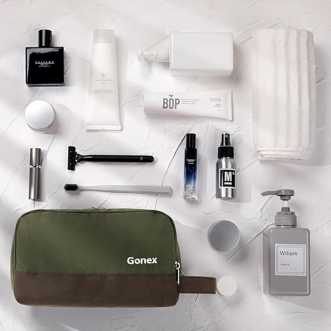Gonex Travel Toiletry Bag Nylon, Toiletries Kit Shaving Bag Toiletry Organizer Olive & Brown
