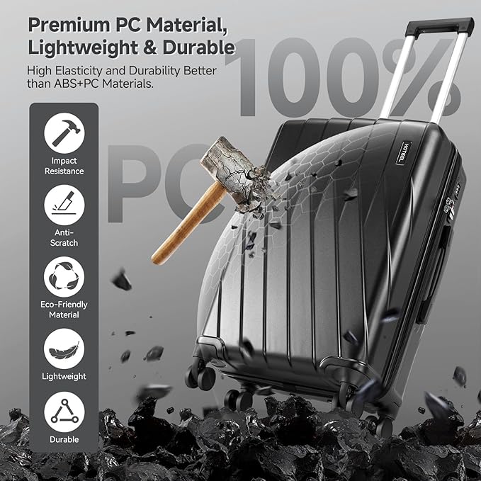 Hoteel Luggage Sets 5 Piece PC Hardside, 4-Year Warranty, Luggage Set with Spinner Wheels, TSA Lock, YKK Zipper, Lightweight Carry on Luggage, 20"/24"/28" Suitcase with Duffel & Organizer, Black