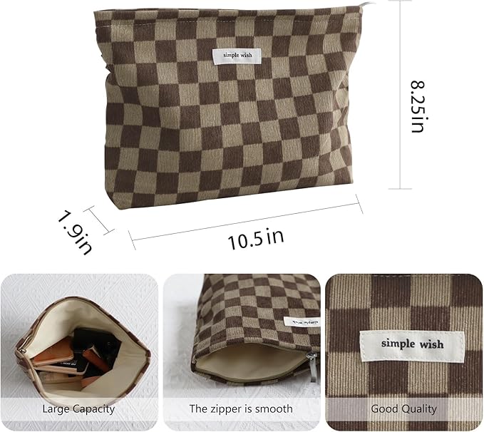 Wudygirl Travel Cosmetic Bag Checkered Makeup Bag Canvas Makeup Pouch for Women Toiletry Pouch Large Capacity Make up Organizer with Zipper Aesthetic (Brownish Checkered)