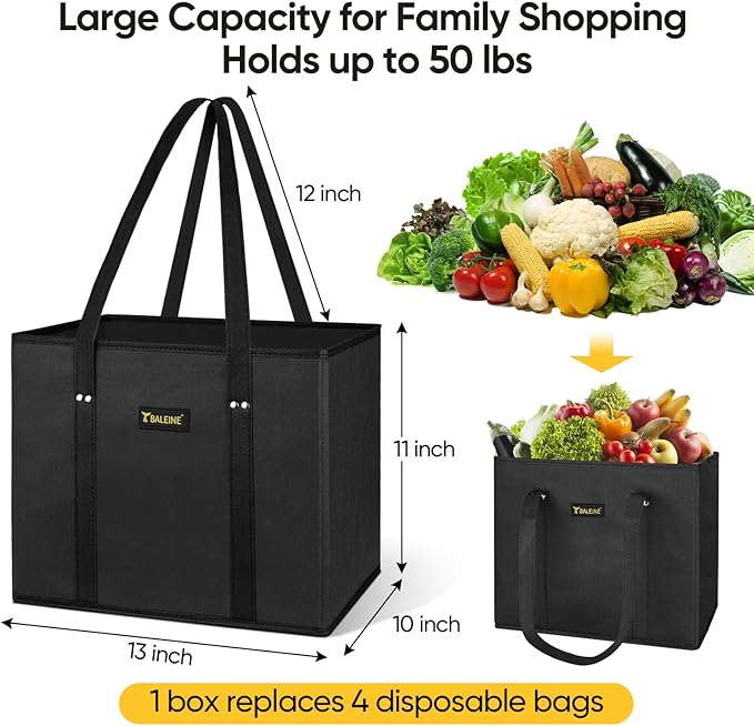 BALEINE 3Pk Reusable Grocery Bags, Foldable Shopping Bags for Groceries with Reinforced Bottom & Handles (Black)