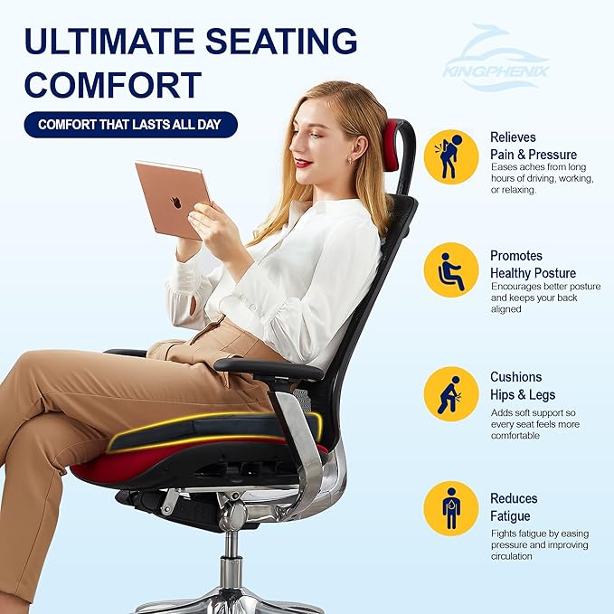 kingphenix Car Seat Cushion – Memory Foam Pad for Driving Comfort – Boosts Height and Relieves Coccyx & Lower Back Pain – Car, Truck, Office Chair (Leather Black & 4D Mesh Gray)