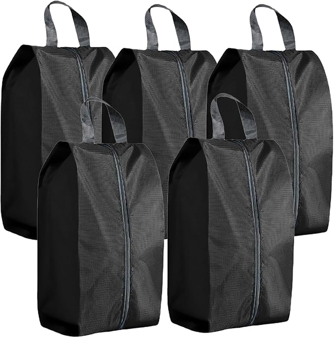5Pcs XL Travel Shoe Bags Portable Travel Gifts Shoe Organizer with Zipper Closure, Waterproof Nylon Shoe Storage Organizer with Handle Travel Bags For Men and Women, Black