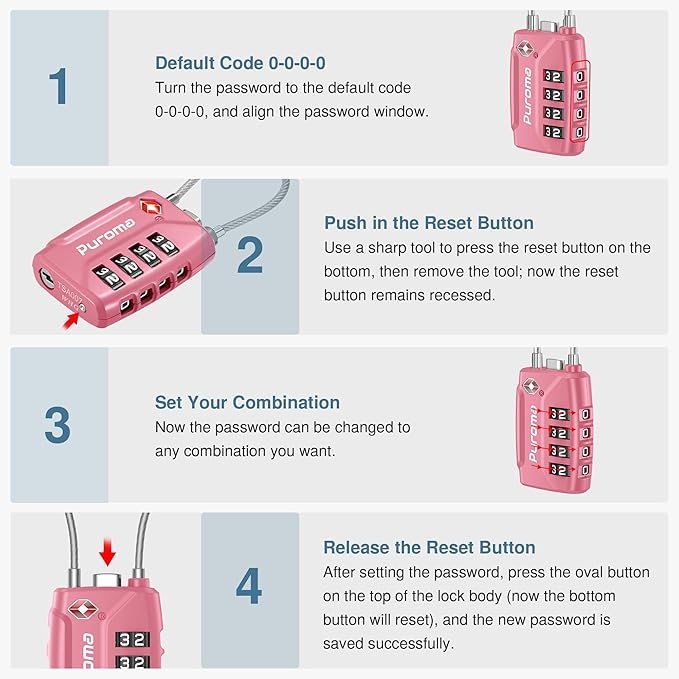 Puroma 2 Pack TSA Approved Luggage Locks, 4 Digit Combination Travel Locks Resettable Code Lock with Zinc Alloy Body for Suitcase, Toolbox, Backpack, Bag, Gym Locker (Basic Pink Rose)
