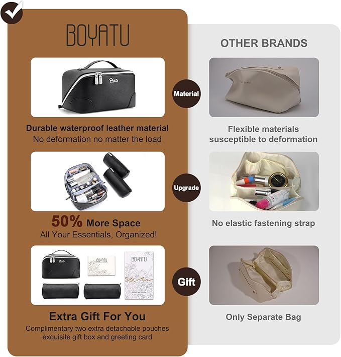 BOYATU Travel Makeup Bag Cosmetic Bags for Women: 3 Pcs Set Large Capacity Make up Bag with Handle - Waterproof Vegan Leather Toiletry Bags Travel Essentials with Compartments(C-2-Black)