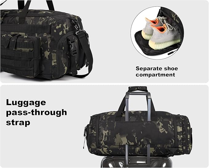 LHI 50L Tactical Duffle Bag for Men, 3-in-1 Gym Duffle and Backpack, Shoe Compartment, Laptop Sleeve and MOLLE, Carry-On Travel Weekender and Overnight Bag – Black CP Camo