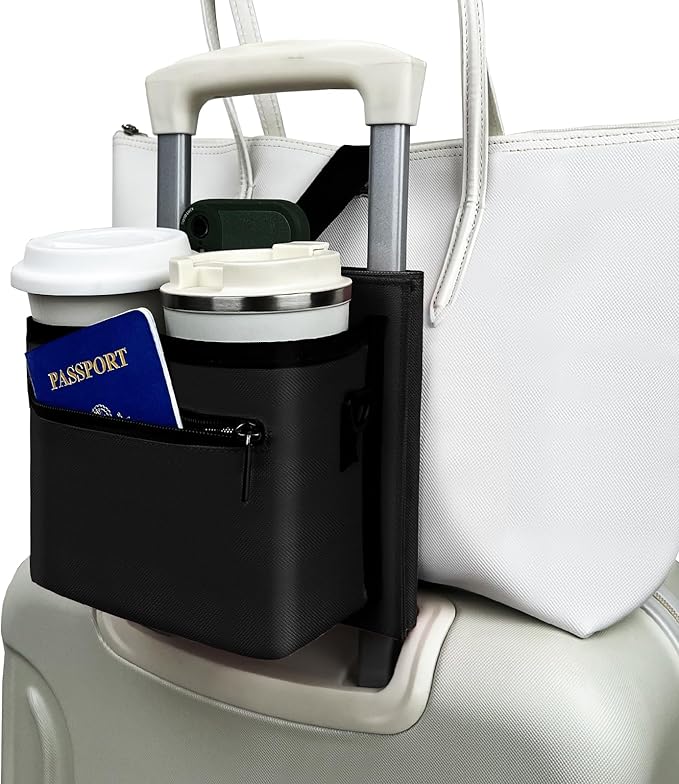 Travel Luggage Cup Holder, Liveagain Drink Caddy, Luggage Cup Holder Attachment, Free Hand Suitcase Drink Carrier for Drinks Beverages, Coffee, Bottles, Snack (Black)