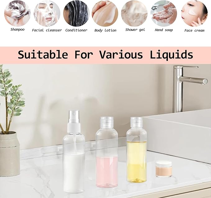 8Pcs Travel Bottles Set, TSA Approved Travel Size Toiletries, Reusable Leak Proof Cosmetic Containers for Shampoo, Conditioner, Cream -Women Men Travel Essentials
