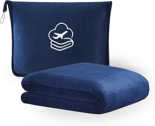 Travel Blanket, Soft 2-in-1 Airplane Blanket, 65x40 Inches, Travel Essentials Car Blanket with Luggage Sleeve & Backpack Clip (Navy Blue)