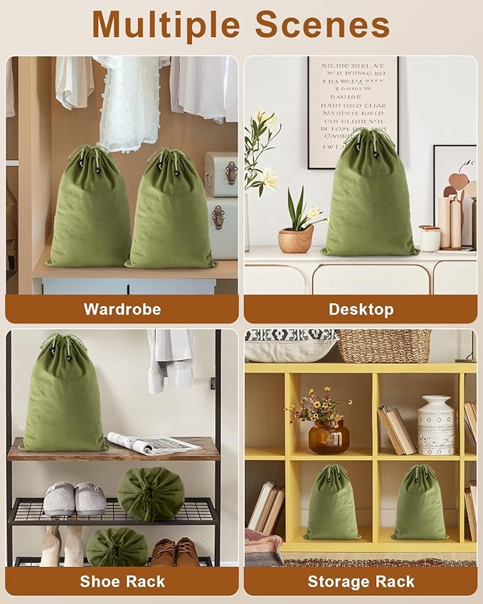 FantasyLife Shoe Bags for Travel, 17.3"x12.6" Washable Dust Bags for Storage & Packing, Flannel Shoe Pouch with Drawstring Closure for Purses, Handbags, Shoes & Toys (2, Sage Green)