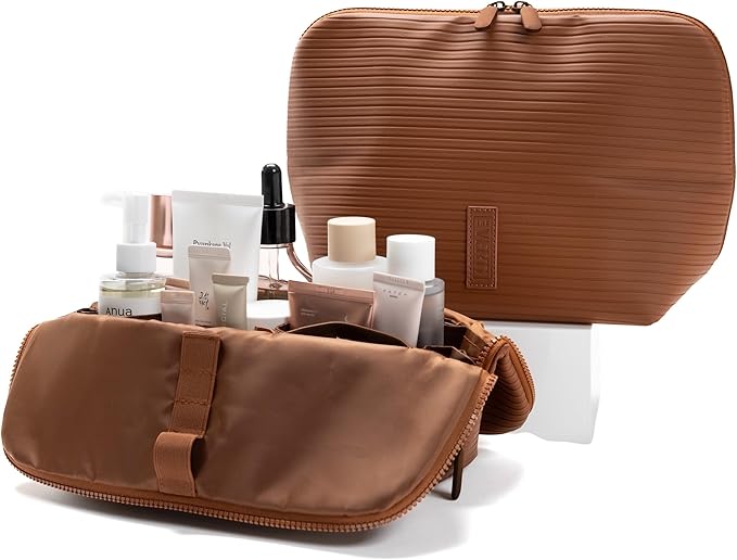 THE VERTI-Vertical Waterproof Makeup & Toiletry Bag | 23-Pocket Organizer with Upright, Fold-Down Design for Skincare, Toiletries & Essentials (Mahogany)